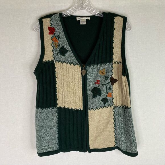 Allison Daley Cardigan Women’s Green Tan Sleeveless Fall Autumn Embroidered S - Picture 2 of 8